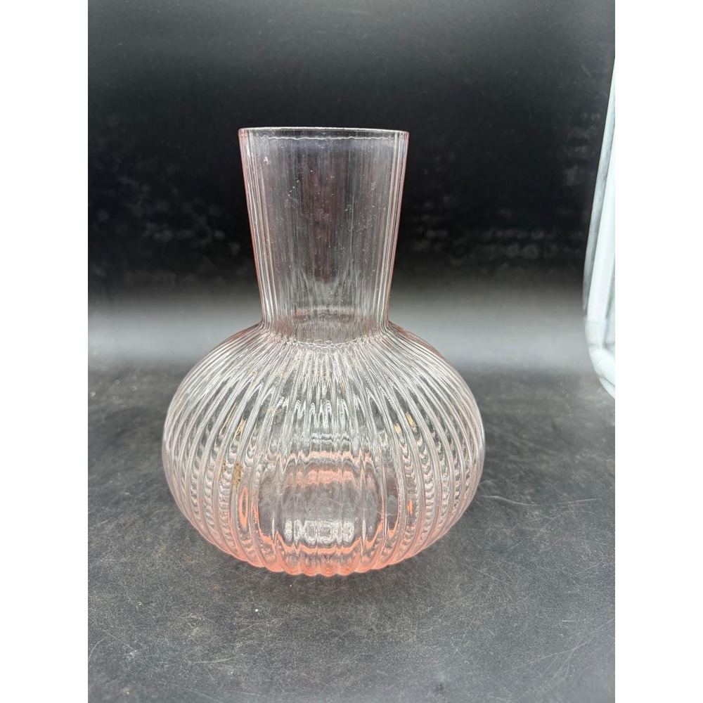 Vintage Pink‎ Ribbed Glass Vase Bulbous Round Base Tapered Neck Decorative Decor